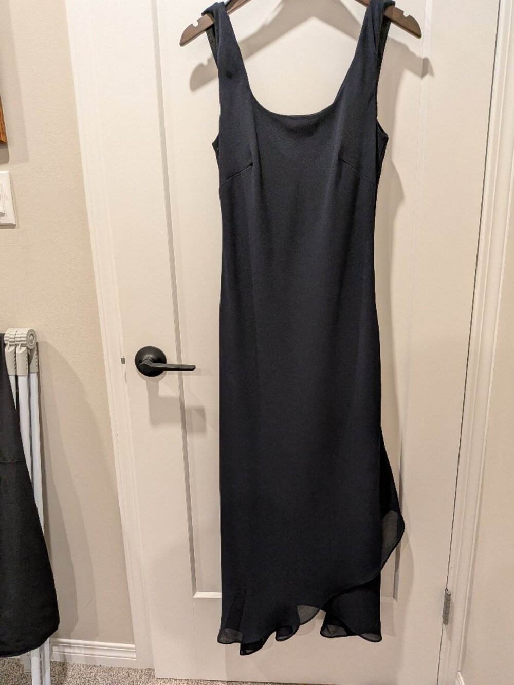 Vintage Jessica Navy Crepe Chiffon Draped Cowl Back Maxi Dress Asymmetric Hem